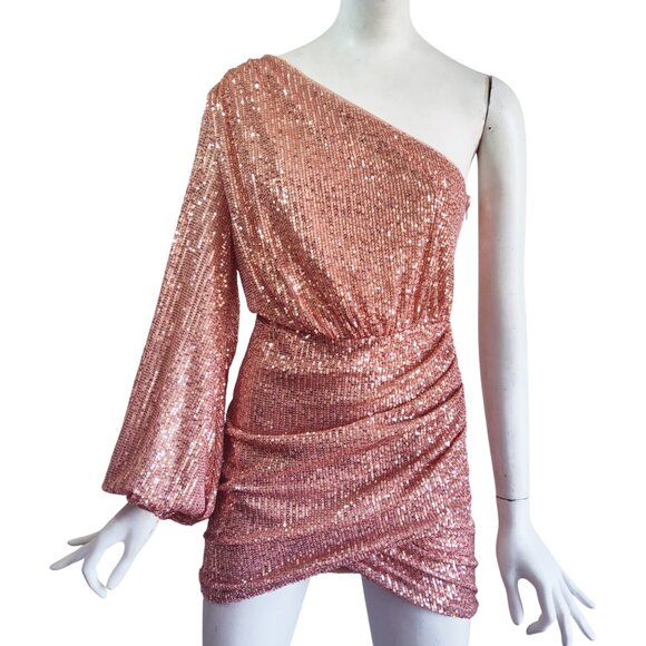 FLYING TOMATO A. Calin Sequin One Shoulder Ruched Tulip Hem Stretch Dress Sz M - Picture 1 of 10